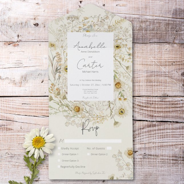 Modern Rustic Dried Daisies Floral Dinner All In One Invitation (Modern Rustic Dried Daisies Floral Dinner All In One Invitation)
