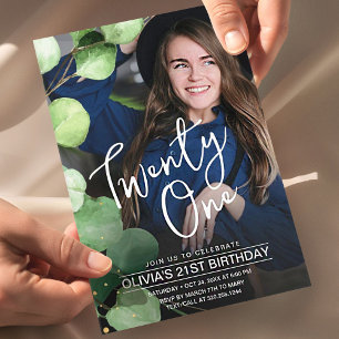 Modern rustic elegant twenty one 21 birthday photo invitation