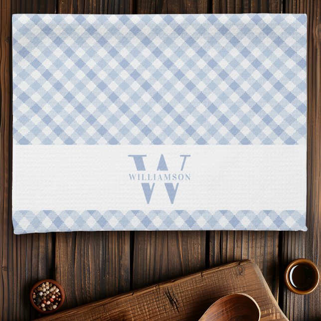 Modern Rustic Family Monogram Blue Gingham Plaid Tea Towel (Creator Uploaded)