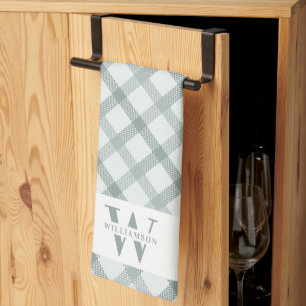 Modern Rustic Family Monogram Green Gingham Plaid Tea Towel