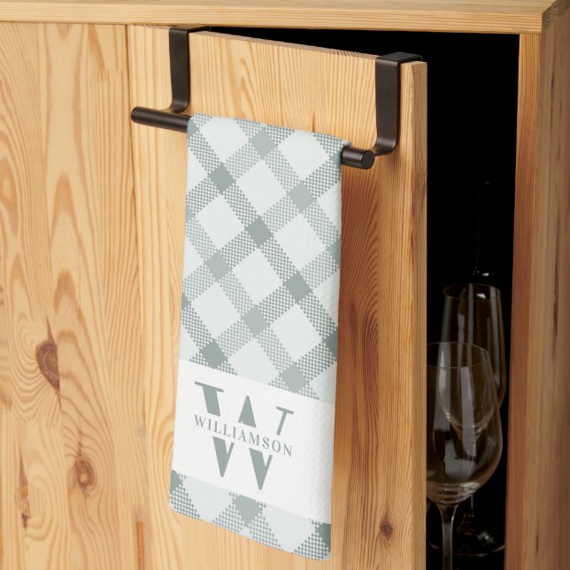 Modern Rustic Family Monogram Green Gingham Plaid Tea Towel (Thirds Fold)