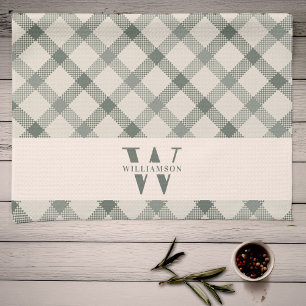 Modern Rustic Family Monogram Green Gingham Plaid Tea Towel