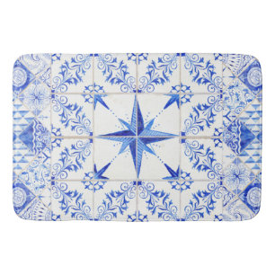 Modern Rustic Farmhouse Nautical Beach Blue White Bath Mat