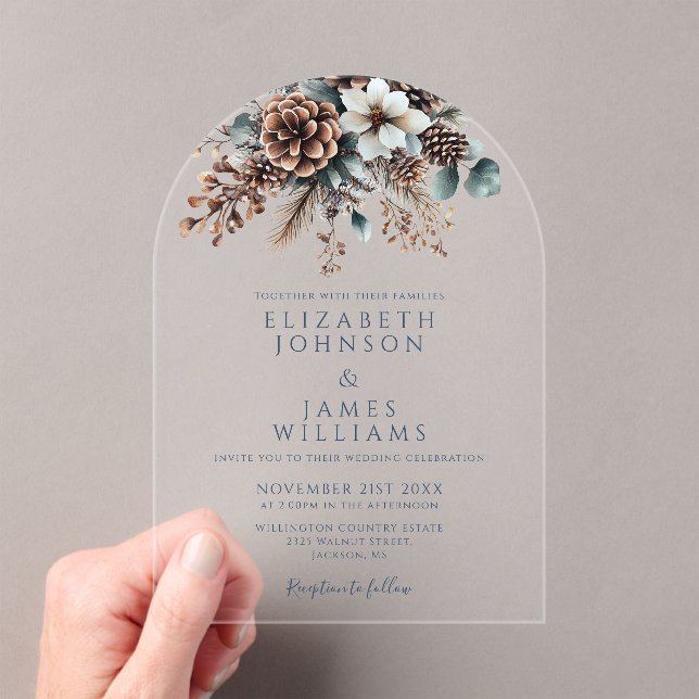 Modern Rustic Floral Pinecone Wedding Arch Acrylic Invitations (Insitu (Handheld))