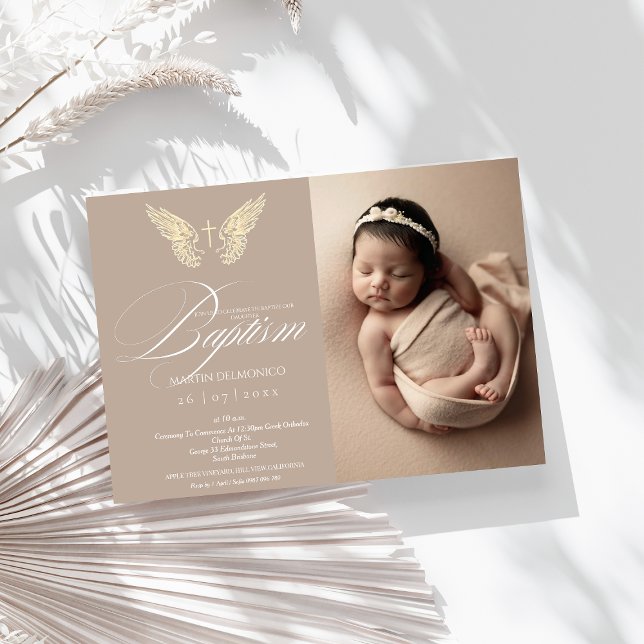 Modern Rustic Gold Typography Cross Photo Baptism  Invitation (Creator Uploaded)