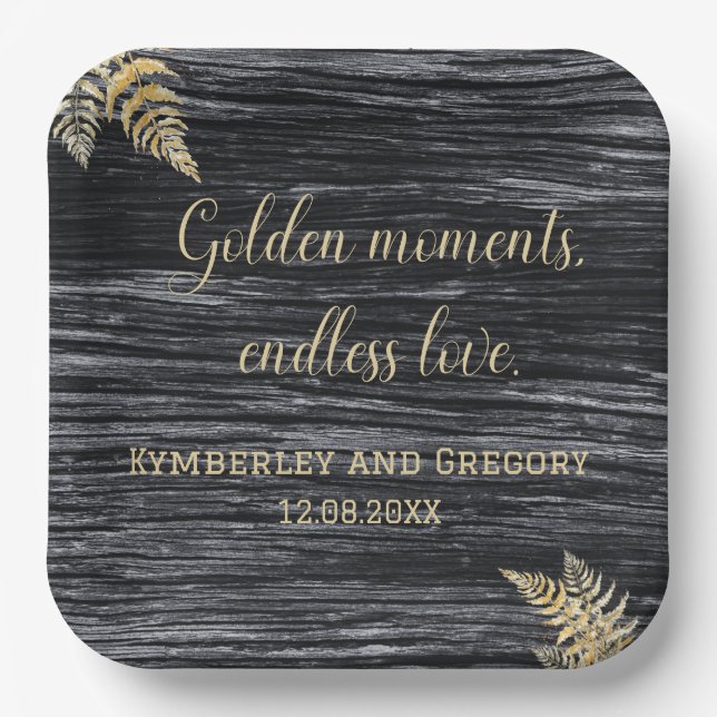 Modern Rustic Golden Moments Endless Love Wedding Paper Plate (Front)