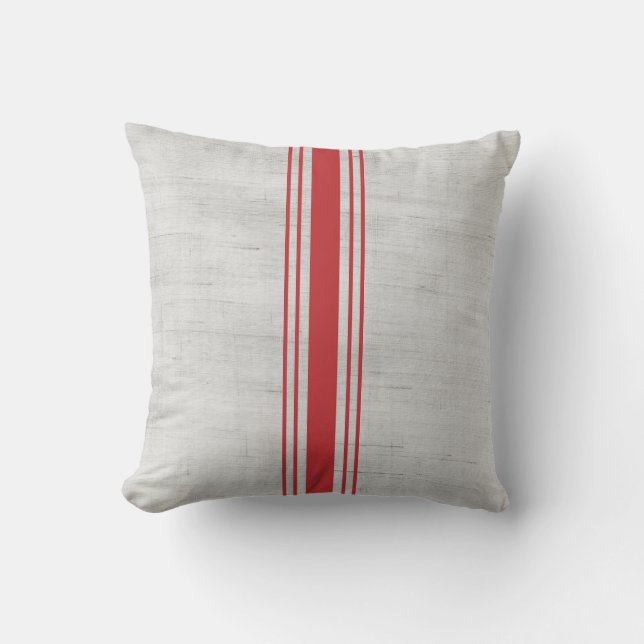 Modern Rustic Grain Sack Red Stripes Cushion (Front)