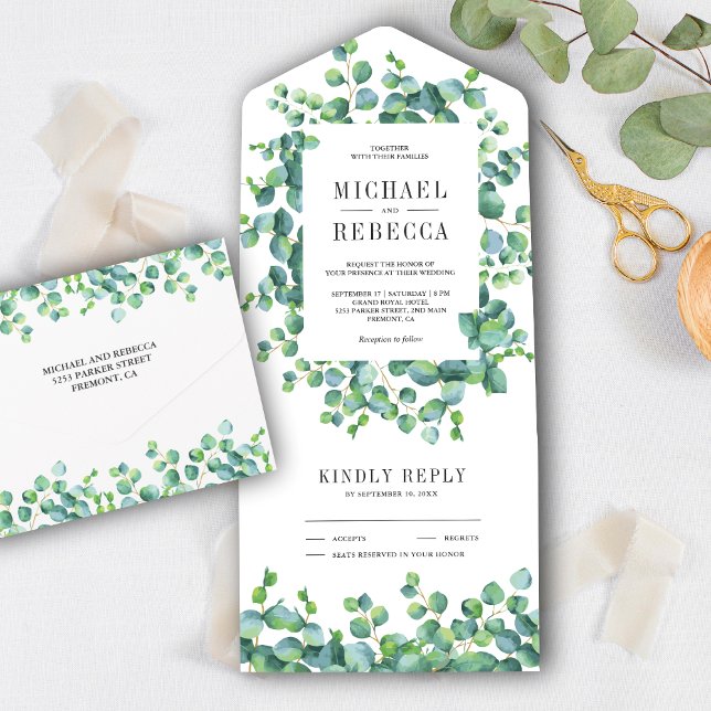 Modern Rustic Greenery Eucalyptus Leaves Wedding All In One Invitation (Creator Uploaded)