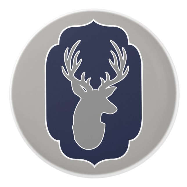 Modern Rustic Grey Deer & Navy Bracket Ceramic Knob (Front)