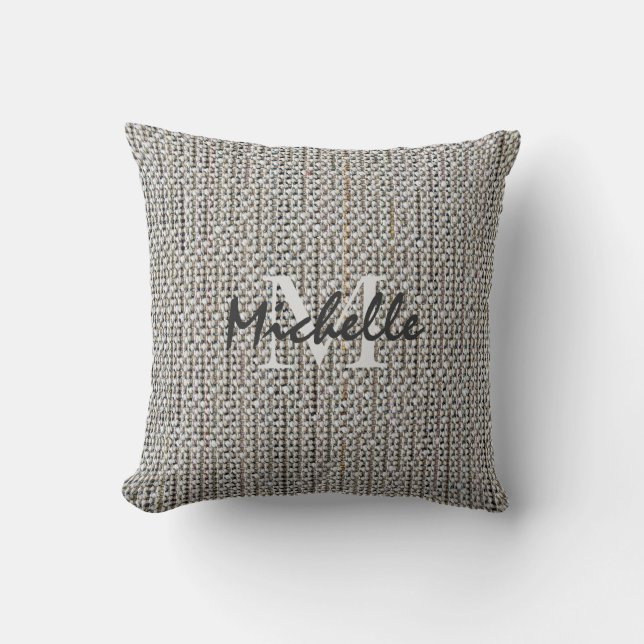 Modern rustic grey linen fabric texture monogram cushion (Front)
