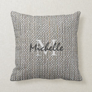 Modern rustic grey linen fabric texture monogram cushion