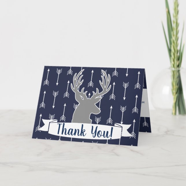 Modern Rustic Grey & Navy Deer & Arrow Thank You Card (Front)