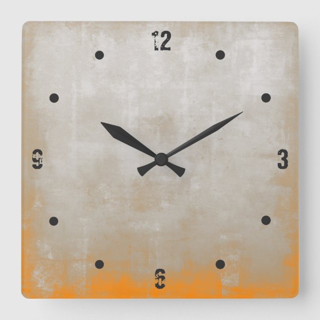 Modern Rustic Grey Orange Abstract Square Wall Clock (Front)