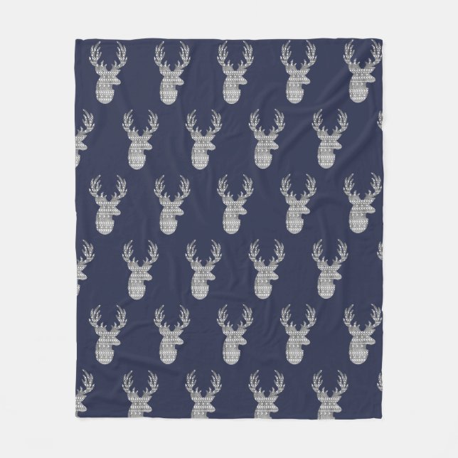 Modern Rustic Grey Tribal Patterned Deer Fleece Blanket (Front)