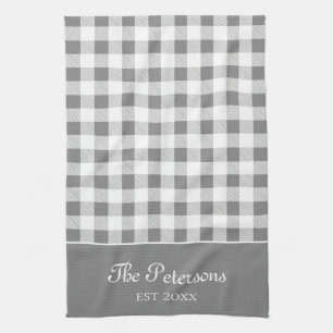 Modern Rustic Grey White Gingham Family Name Tea Towel