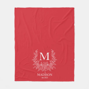 Modern Rustic holiday monogram Amaranth Red Fleece Blanket
