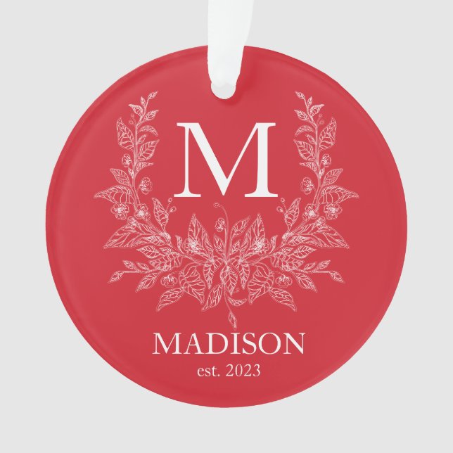 Modern Rustic holiday monogram Amaranth Red Ornament (Front)