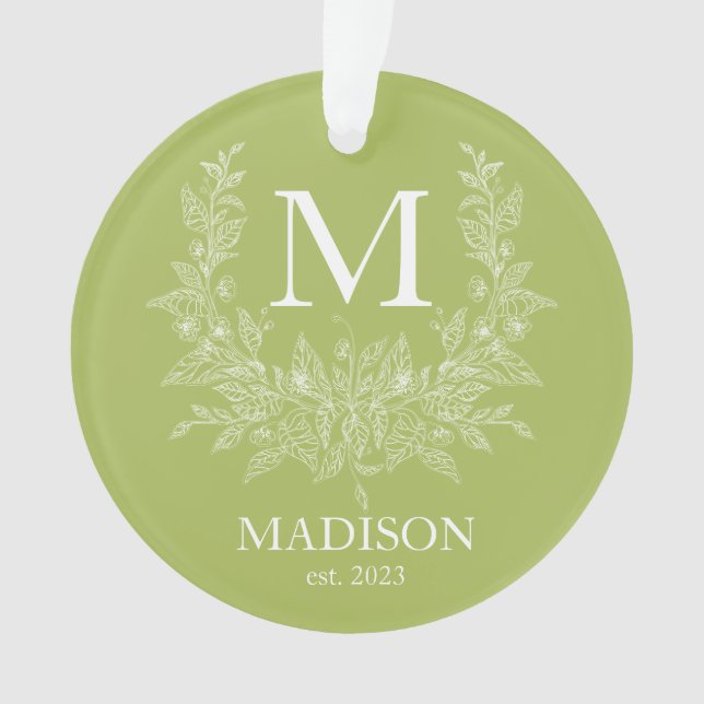 Modern Rustic holiday monogram Middle Green Yellow Ornament (Front)