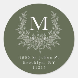 Modern Rustic holiday monogram Olive Drab  Classic Round Sticker