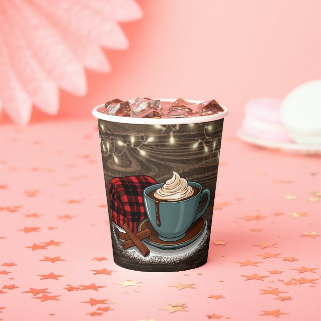 Modern Rustic Hot Cocoa Cosy Baby Shower Paper Cups (Insitu)