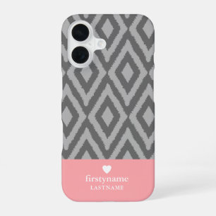 Modern Rustic Ikat Grey Coral Heart Monogram iPhone 16 Case