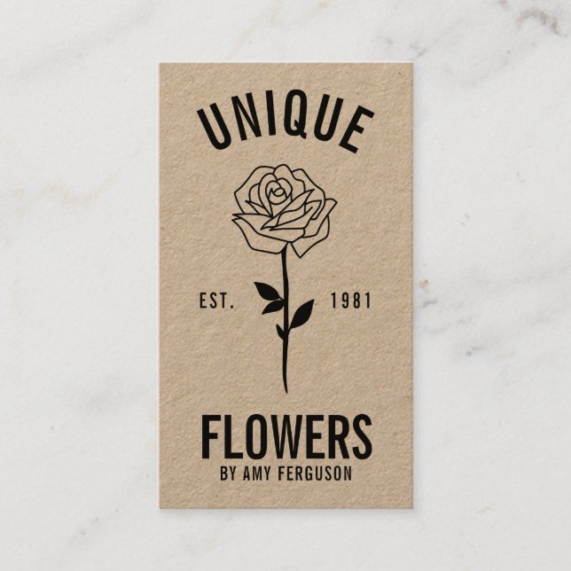 Modern rustic kraft trendy black white rose flower business card (Front)