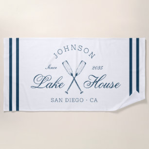 Modern Rustic Lake House Boat Oars Blue Stripes Beach Towel