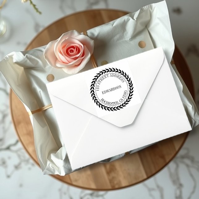 Modern rustic leaves round family name self-inking stamp (Modern rustic leaves round family name self-inking stamp. You can add your own name and address.)