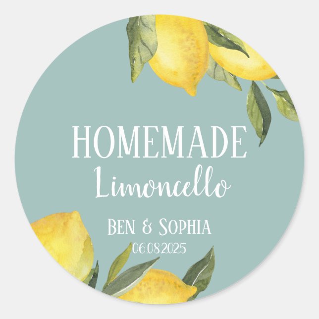 Modern Rustic Lemons Blue Homemade Limoncello  Classic Round Sticker (Front)