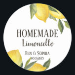 Modern Rustic Lemons Homemade Limoncello  Classic Round Sticker<br><div class="desc">Modern Rustic homemade limoncello bottle labels,  they are perfect custom label for your wedding favours with an italian theme and a summer vibe. They feature a watercolor lemon branch,  lemons and green branches  and a custom label for all your italian limoncello bottle labelling needs.</div>