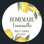 Modern Rustic Lemons Homemade Limoncello  Classic Round Sticker<br><div class="desc">Modern Rustic homemade limoncello bottle labels,  they are perfect custom label for your wedding favors with an italian theme and a summer vibe. They feature a watercolor lemon branch,  lemons and green branches  and a custom label for all your italian limoncello bottle labeling needs.</div>