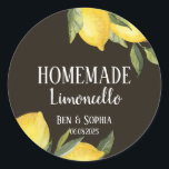 Modern Rustic Lemons Homemade Limoncello  Classic Round Sticker<br><div class="desc">Modern Rustic homemade limoncello bottle labels,  they are perfect custom label for your wedding favours with an italian theme and a summer vibe. They feature a watercolor lemon branch,  lemons and green branches  and a custom label for all your italian limoncello bottle labelling needs.</div>