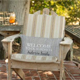 Modern rustic linen Welcome to Porch family name Lumbar Cushion