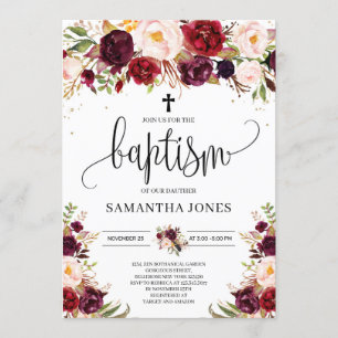 Modern rustic marsala burgundy boho baptism invitation