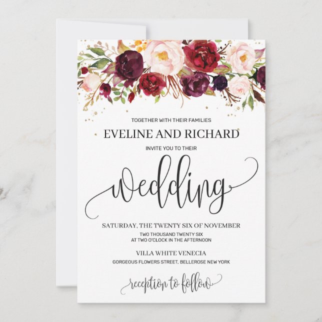 Modern rustic marsala floral boho wedding invitation (Front)