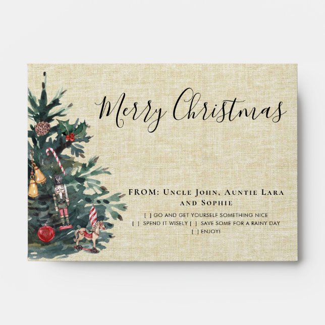 Modern Rustic Merry Christmas Tree Mistletoe Money Envelope (Front)