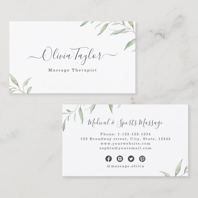 Modern Rustic Minimal Greenery Massage Therapist Business Card (Front/Back)