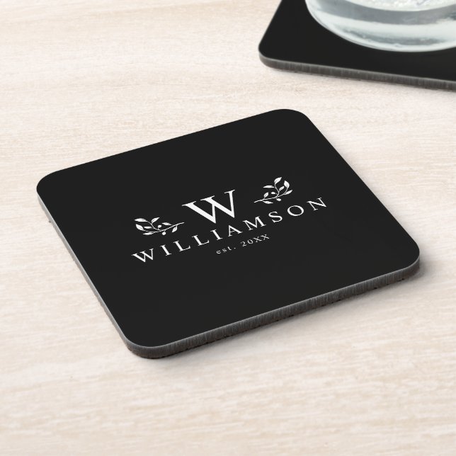Modern Rustic Monogram Custom Family Name Black Coaster (Left Side)