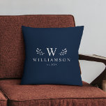 Modern Rustic Monogram Custom Family Name Blue Cushion<br><div class="desc">Modern rustic monogram custom name newlywed throw pillow with your family name and initial as well we year established surrounded by whimsical branch illustrations. Minimalist,  simple,  and stylish,  this rich dark navy blue family pillow is a perfect cosy wedding gift!</div>