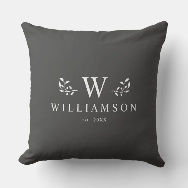 Modern Rustic Monogram Custom Family Name Charcoal Cushion (Front)