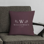 Modern Rustic Monogram Custom Family Name Maroon Cushion<br><div class="desc">Modern maroon monogrammed custom name throw pillow with your family name and initial as well we year established surrounded by whimsical branch illustrations. Minimalist,  simple,  and stylish,  this rich dark maroon red family pillow is a perfect cosy wedding or newlywed gift for Valentine's Day!</div>