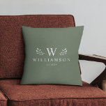 Modern Rustic Monogram Custom Family Name Sage Cushion<br><div class="desc">Modern rustic monogram custom name newlywed throw pillow with your family name and initial as well we year established surrounded by whimsical branch illustrations. Minimalist,  simple,  and stylish,  this dusty sage green family pillow is a perfect cosy wedding gift!</div>