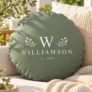 Modern Rustic Monogram Custom Family Name Sage Round Cushion