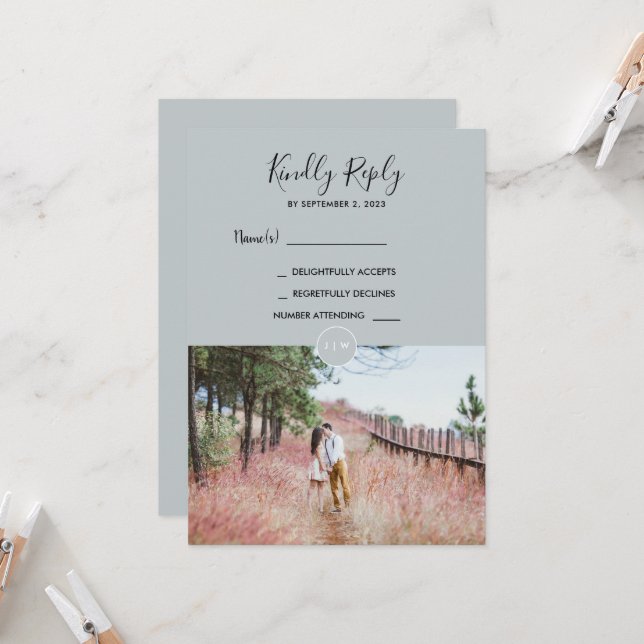 Modern rustic monogram photo RSVP Wedding card (Front/Back In Situ)