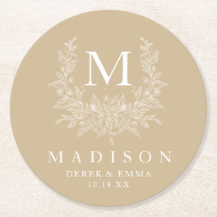 Modern Rustic monogram Tan wedding Round Paper Coaster
