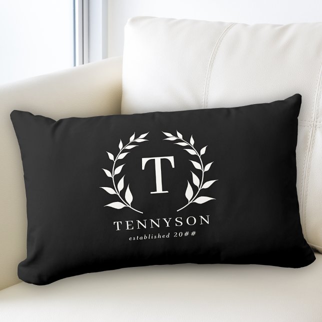 Modern Rustic Monogram Wreath Family Name Black Lumbar Cushion (Creator Uploaded)
