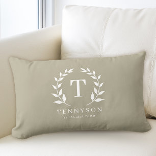 Modern Rustic Monogram Wreath Family Name Sage Lumbar Cushion