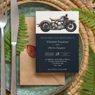 Modern Rustic Motorcycle Navy Vintage Wedding Invitation