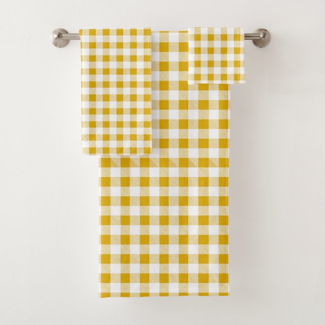 Modern Rustic Mustard Yellow Gingham Checks Bath Towel Set (Insitu)