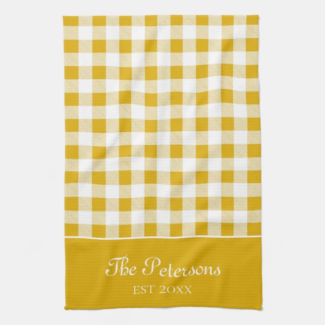 Modern Rustic Mustard Yellow Gingham Family Name Tea Towel (Vertical)